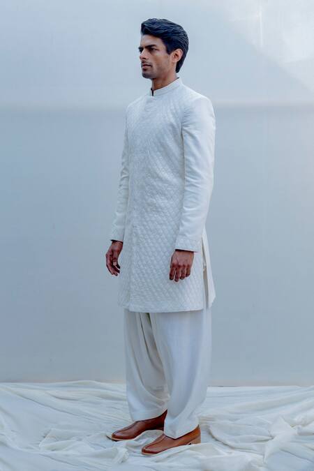 Buy_Bohame_White Silk, Tencel Sherwani Set_Online_at_Aza_Fashions