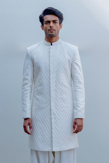Shop_Bohame_White Silk, Tencel Sherwani Set_Online_at_Aza_Fashions