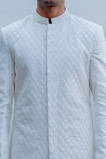 Bohame_White Silk, Tencel Sherwani Set_at_Aza_Fashions