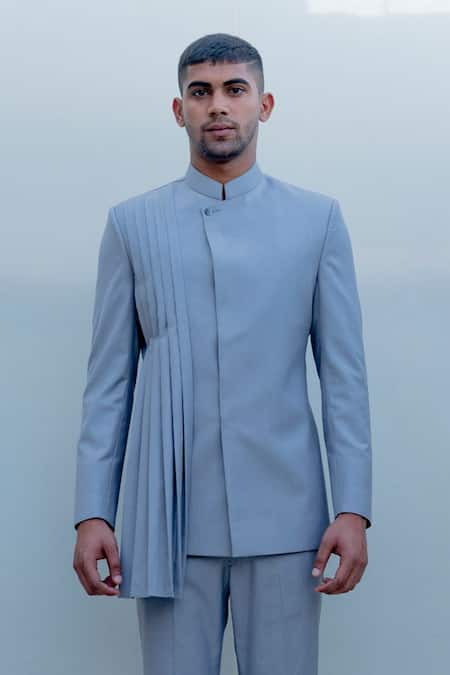 Buy Bohame Grey Suiting, Terry Wool Pleated Bandhgala Set Online at Aza Fashions Buy_Bohame_Grey Suiting, Terry Wool Pleated Bandhgala Set_Online_at_Aza_Fashions