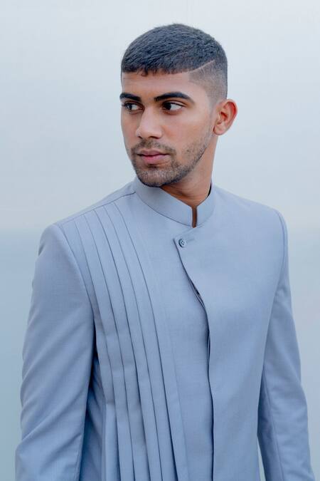 Shop Bohame Grey Suiting, Terry Wool Pleated Bandhgala Set Online at Aza Fashions Shop_Bohame_Grey Suiting, Terry Wool Pleated Bandhgala Set_Online_at_Aza_Fashions