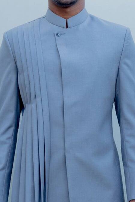 Bohame Grey Suiting, Terry Wool Pleated Bandhgala Set at Aza Fashions Bohame_Grey Suiting, Terry Wool Pleated Bandhgala Set_at_Aza_Fashions