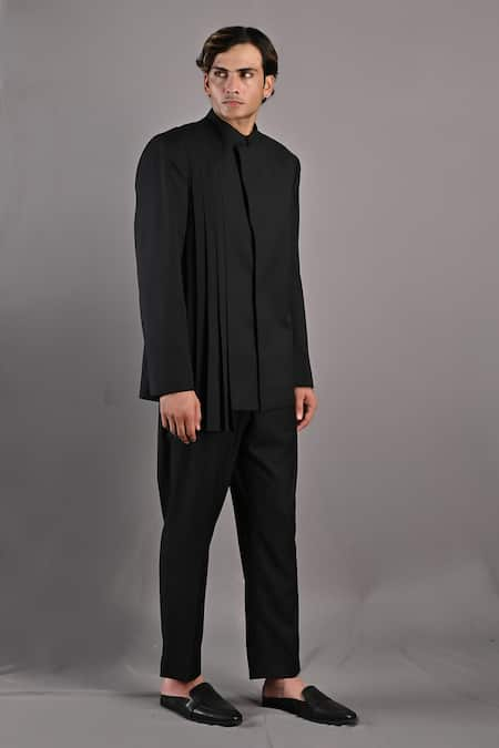 Bohame Black Terry Wool Solid Zahir Pleated Bandhgala And Pant Set  3