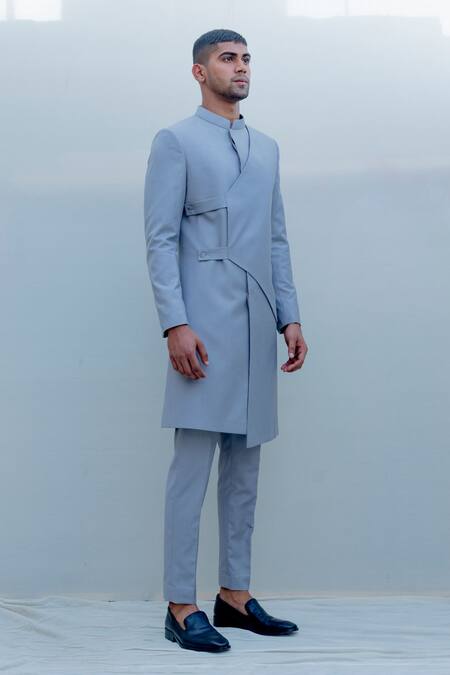 Bohame_Grey Suiting, Terry Wool Overlap Sherwani Set_Online_at_Aza_Fashions