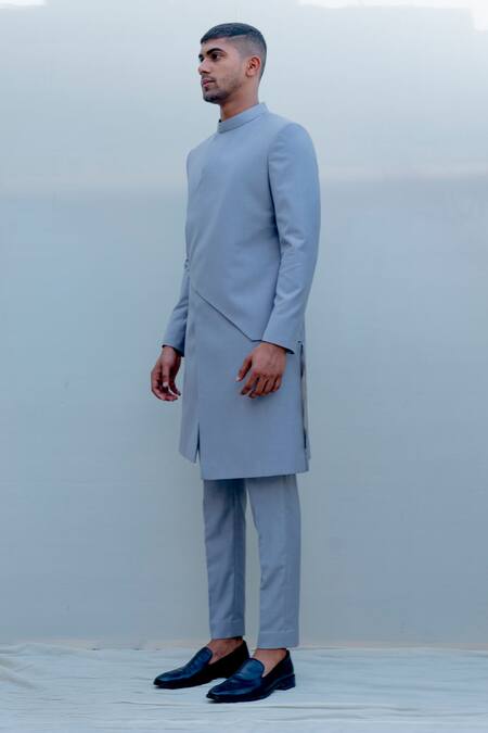 Buy_Bohame_Grey Suiting, Terry Wool Overlap Sherwani Set_Online_at_Aza_Fashions