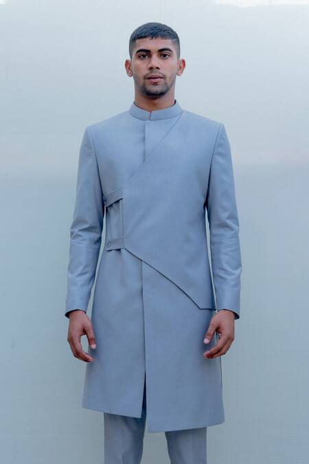 Shop_Bohame_Grey Suiting, Terry Wool Overlap Sherwani Set_Online_at_Aza_Fashions