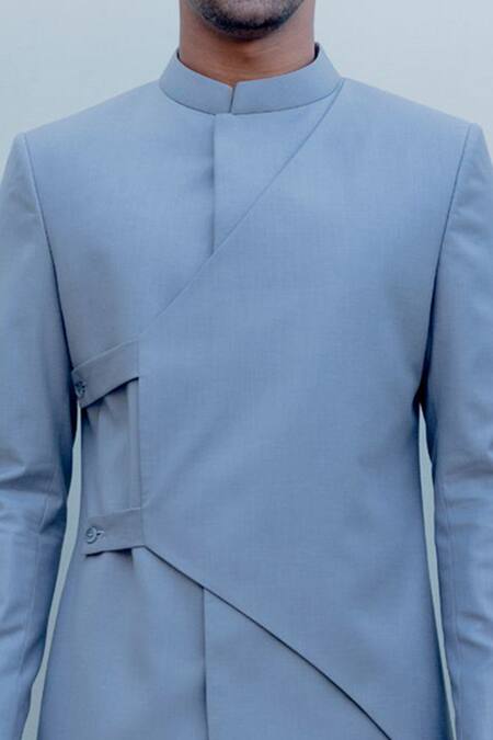 Bohame_Grey Suiting, Terry Wool Overlap Sherwani Set_at_Aza_Fashions
