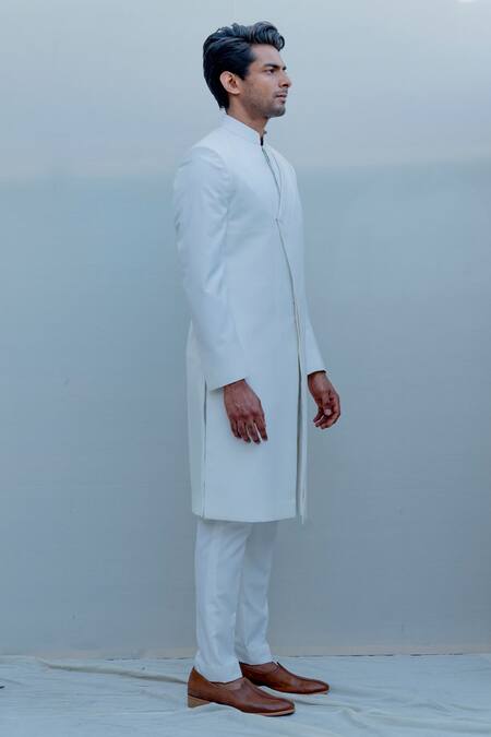 Bohame_White Suiting, Terry Wool Overlap Sherwani Set_Online_at_Aza_Fashions