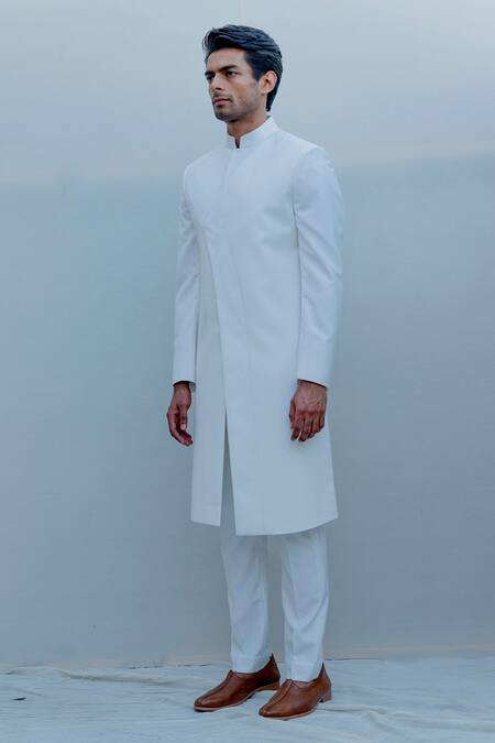 Buy_Bohame_White Suiting, Terry Wool Overlap Sherwani Set_Online_at_Aza_Fashions