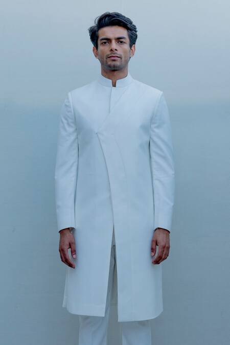 Shop_Bohame_White Suiting, Terry Wool Overlap Sherwani Set_Online_at_Aza_Fashions