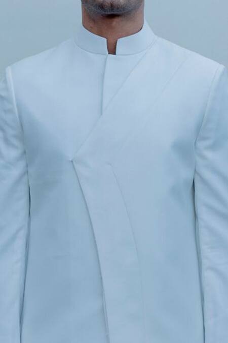 Bohame_White Suiting, Terry Wool Overlap Sherwani Set_at_Aza_Fashions