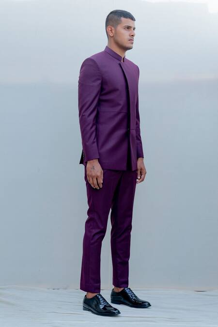 Bohame_Purple Suiting, Terry Wool Overlap Bandhgala Pant Set _Online_at_Aza_Fashions