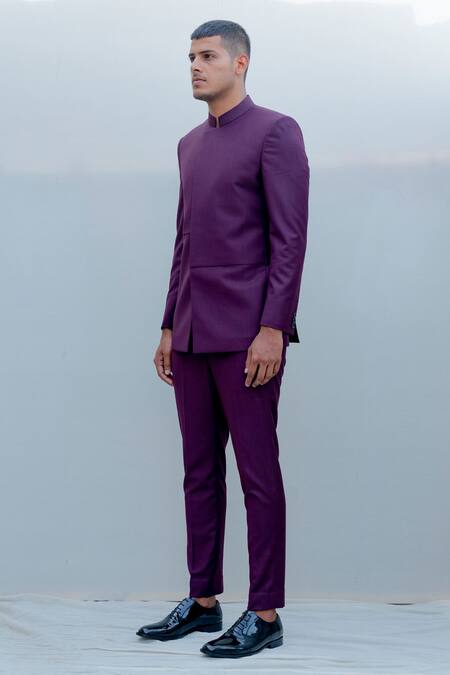 Buy_Bohame_Purple Suiting, Terry Wool Overlap Bandhgala Pant Set _Online_at_Aza_Fashions