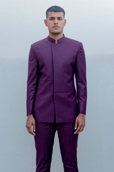 Shop_Bohame_Purple Suiting, Terry Wool Overlap Bandhgala Pant Set _Online_at_Aza_Fashions