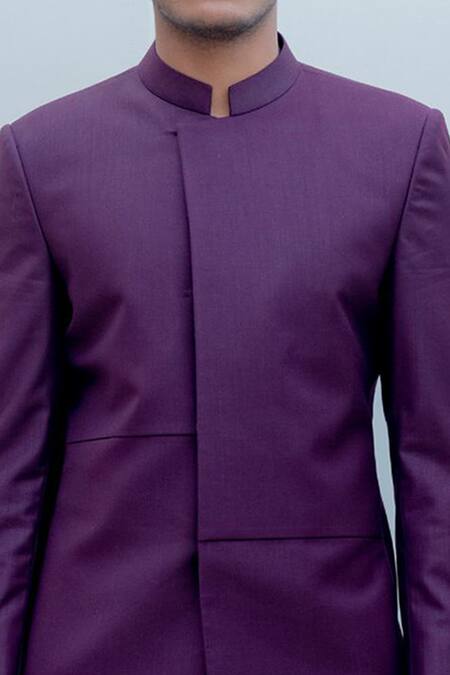 Bohame_Purple Suiting, Terry Wool Overlap Bandhgala Pant Set _at_Aza_Fashions