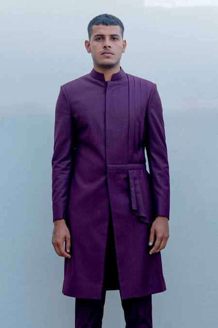 Buy_Bohame_Purple Suiting, Terry Wool Pleated Sherwani Set_Online_at_Aza_Fashions