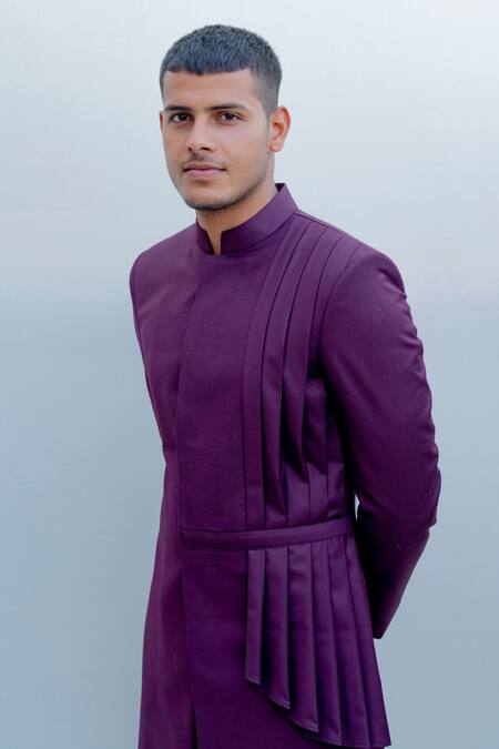 Shop_Bohame_Purple Suiting, Terry Wool Pleated Sherwani Set_Online_at_Aza_Fashions