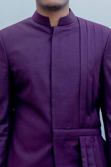 Bohame_Purple Suiting, Terry Wool Pleated Sherwani Set_at_Aza_Fashions