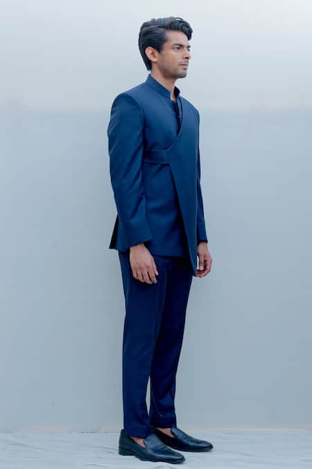 Bohame_Blue Suiting, Terry Wool Overlap Bandhgala Set _Online_at_Aza_Fashions