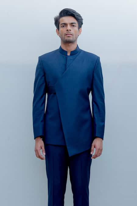 Buy_Bohame_Blue Suiting, Terry Wool Overlap Bandhgala Set _Online_at_Aza_Fashions