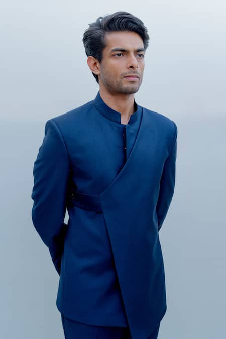 Shop_Bohame_Blue Suiting, Terry Wool Overlap Bandhgala Set _Online_at_Aza_Fashions