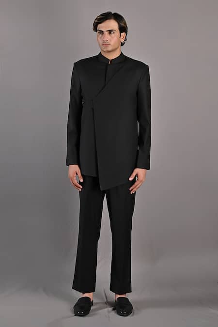 Bohame_Black Terry Wool Crisanto Bandhgala And Pant Set_Online_at_Aza_Fashions