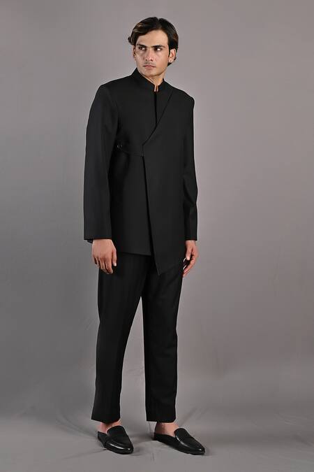 Shop_Bohame_Black Terry Wool Crisanto Bandhgala And Pant Set_Online_at_Aza_Fashions