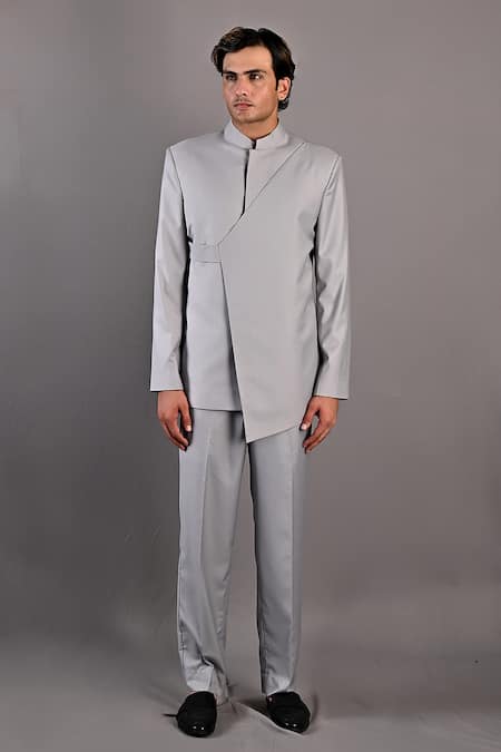 Bohame_Grey Terry Wool Narcissus Bandhgala And Pant Set_Online_at_Aza_Fashions