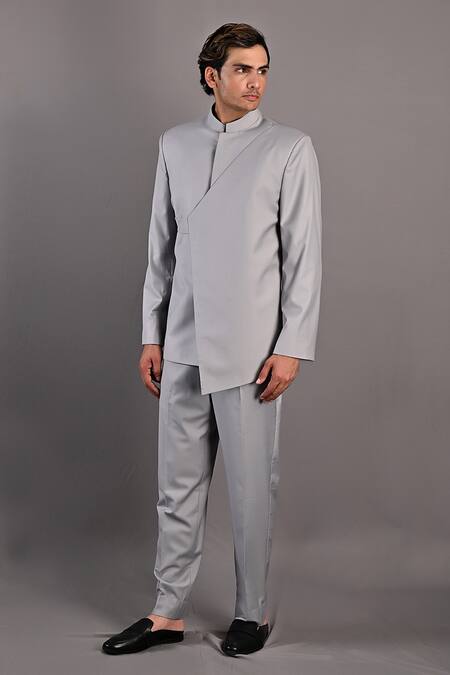 Buy_Bohame_Grey Terry Wool Narcissus Bandhgala And Pant Set_Online_at_Aza_Fashions