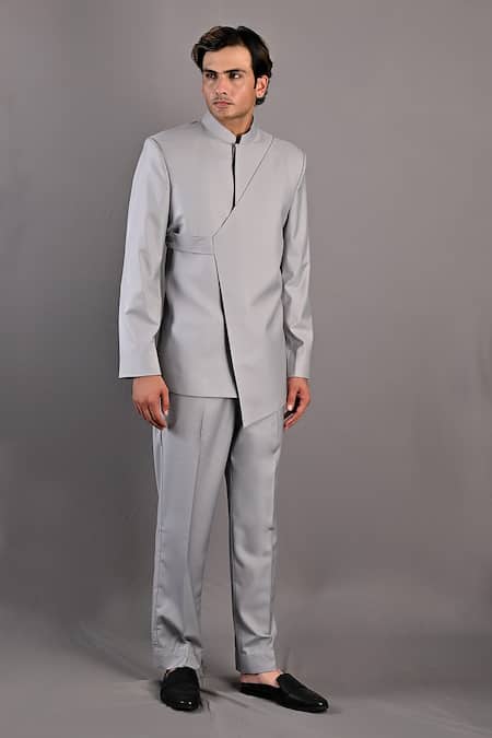 Shop_Bohame_Grey Terry Wool Narcissus Bandhgala And Pant Set_Online_at_Aza_Fashions