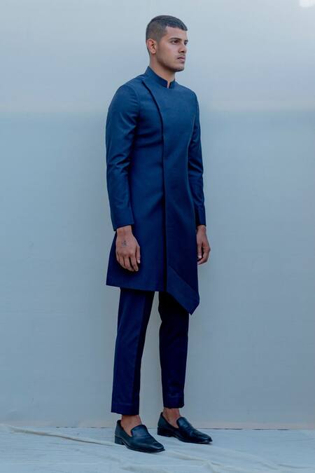 Bohame_Blue Suiting, Terry Wool Overlap Sherwani Set_Online_at_Aza_Fashions