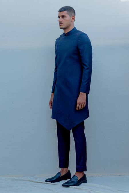 Buy_Bohame_Blue Suiting, Terry Wool Overlap Sherwani Set_Online_at_Aza_Fashions
