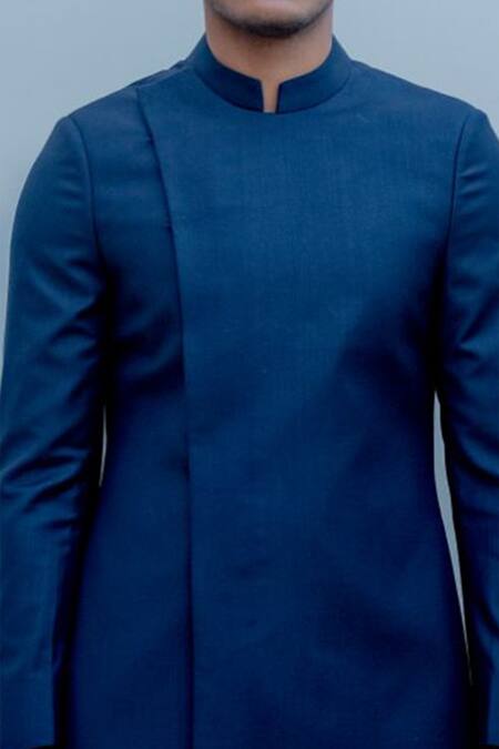 Shop_Bohame_Blue Suiting, Terry Wool Overlap Sherwani Set_Online_at_Aza_Fashions