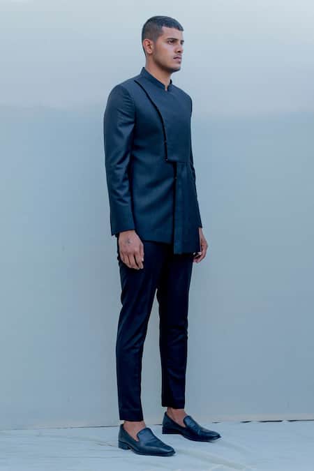 Bohame_Black Suiting, Terry Wool Pleated Bandhgala Set_Online_at_Aza_Fashions