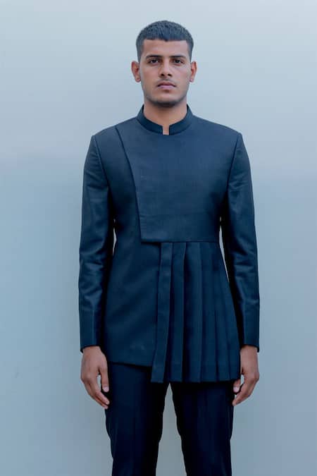 Buy_Bohame_Black Suiting, Terry Wool Pleated Bandhgala Set_Online_at_Aza_Fashions