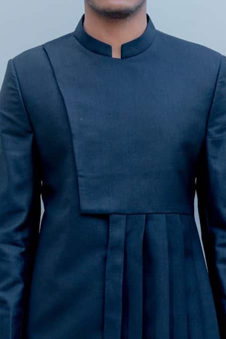 Shop_Bohame_Black Suiting, Terry Wool Pleated Bandhgala Set_Online_at_Aza_Fashions