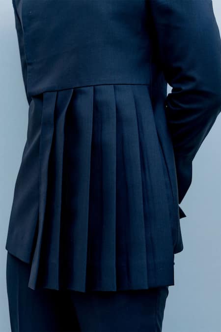 Bohame_Black Suiting, Terry Wool Pleated Bandhgala Set_at_Aza_Fashions