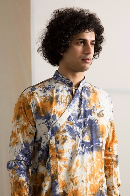 Bohame_Blue Bamboo Blend Tie-dye Kurta Set_Online_at_Aza_Fashions