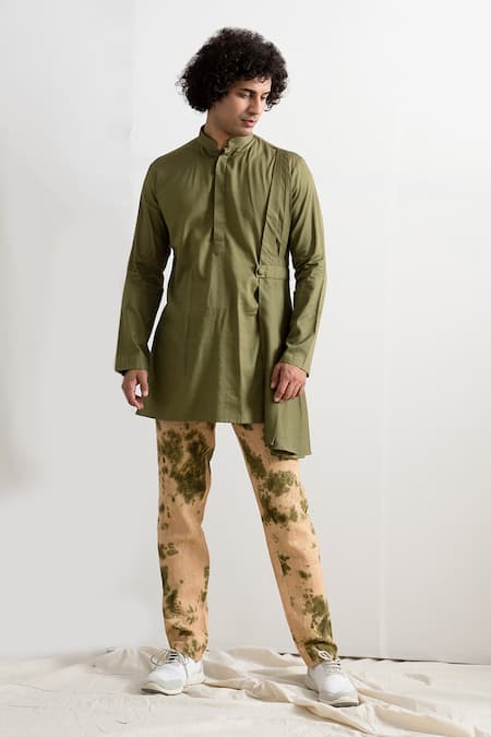 Bohame_Beige Bundi And Pant Linen Kurta Bamboo Blend Tie-dye & Set_Online_at_Aza_Fashions