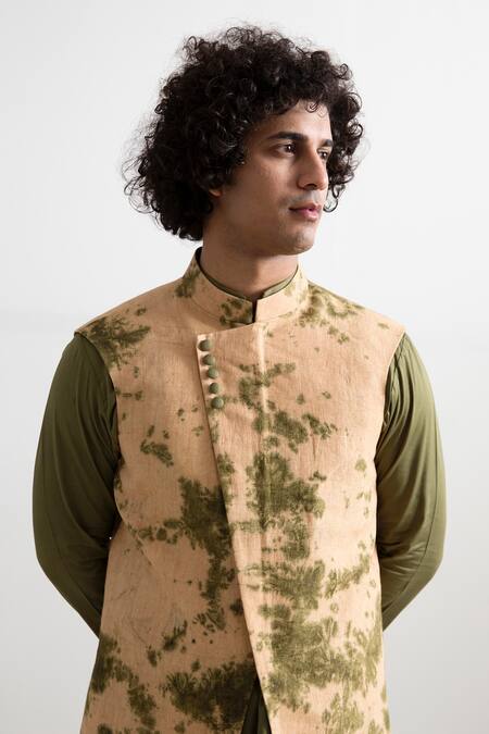 Buy_Bohame_Beige Bundi And Pant Linen Kurta Bamboo Blend Tie-dye & Set_Online_at_Aza_Fashions