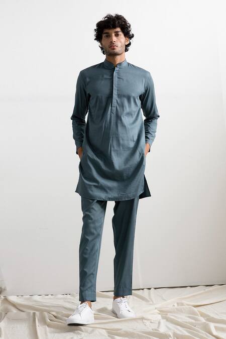 Bohame_Grey Bundi Linen Kurta And Pant Bamboo Blend Pleated Tie-dye & Set_Online_at_Aza_Fashions
