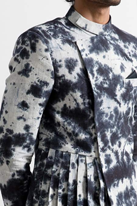 Bohame_Grey Linen Tie-dye Bandhgala Set_Online_at_Aza_Fashions