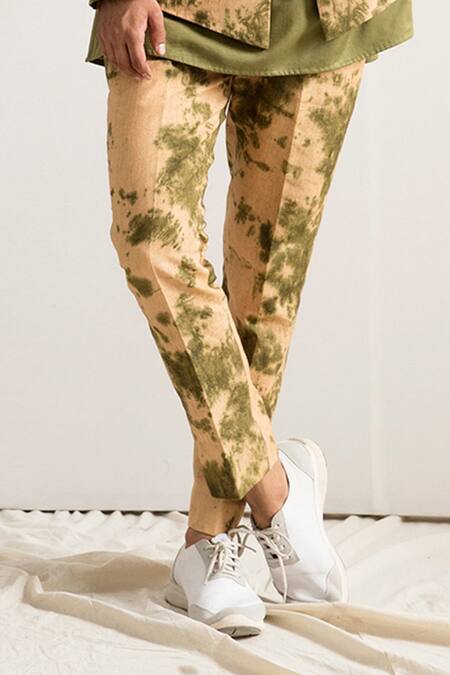 Shop_Bohame_Beige Jacket And Pant Linen Kurta Bamboo Blend Tie-dye & Set_Online_at_Aza_Fashions