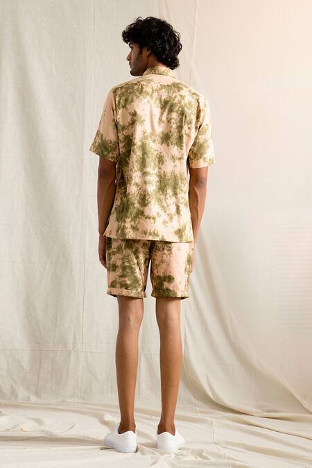Shop Bohame Beige Bamboo Blend Tie-dye Shirt And Shorts Set at Aza Fashions Shop_Bohame_Beige Bamboo Blend Tie-dye Shirt And Shorts Set_at_Aza_Fashions