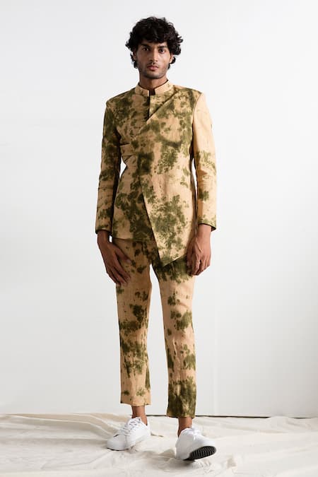 Bohame Beige Linen Tie-dye Bandhgala Set