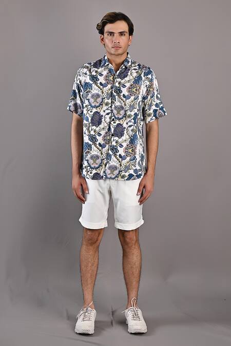 Bohame_Off White Cotton Satin / Suiting Digital Print Caesar Shirt And Shorts Set_Online_at_Aza_Fashions