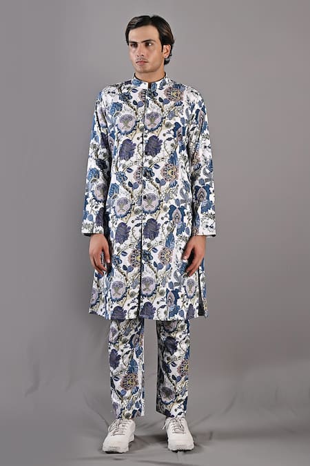 Bohame_Off White Cotton Satin Digital Print Daemyn Floral Kurta And Pant Set_Online_at_Aza_Fashions