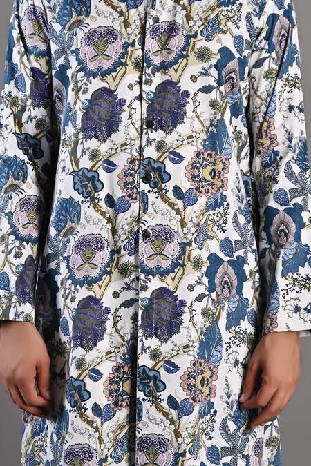 Bohame_Off White Cotton Satin Digital Print Daemyn Floral Kurta And Pant Set_at_Aza_Fashions