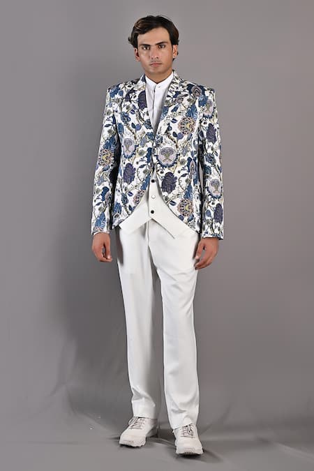 Bohame Off White Cotton Satin Digital Gwyn Floral Jacket And Pant Set