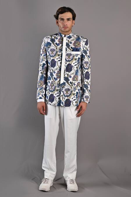 Bohame_Off White Cotton Satin Digital Print Karl Floral Bandhgala Set_Online_at_Aza_Fashions
